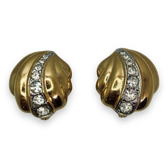 Monet Gold Tone Clam Shell Rhinestone Clip On Earrings - Picture 3 of 5